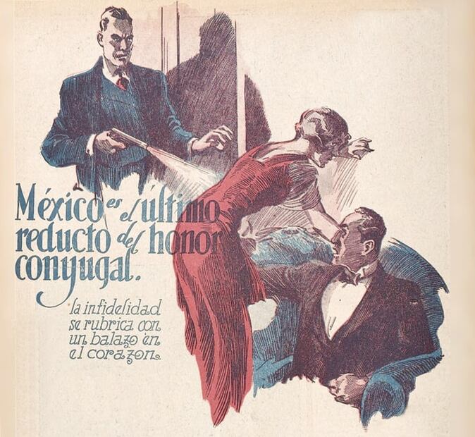 Ilustración de 1993 en EL UNIVERSAL ILUSTRADO. “México es el último reducto del honor conyugal; la infidelidad se rubrica con un balazo en el corazón”; la prensa perpetuó los crímenes pasionales. Foto: Hemeroteca EL UNIVERSAL.