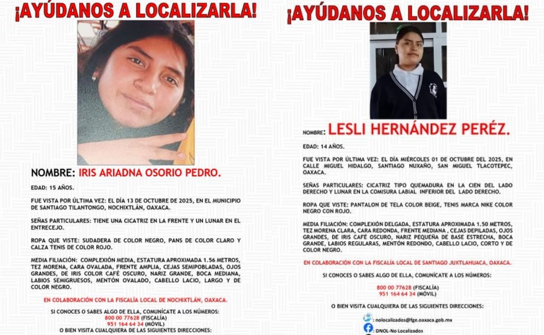 Iris Ariadna Osorio Pedro, de 15 años de edad fue vista por última vez el pasado 13 de octubre del 2025 y Lesli Hernández Pérez de 14 años, fue reportada como desaparecida desde el pasado 1 de octubre
Foto: Especial.