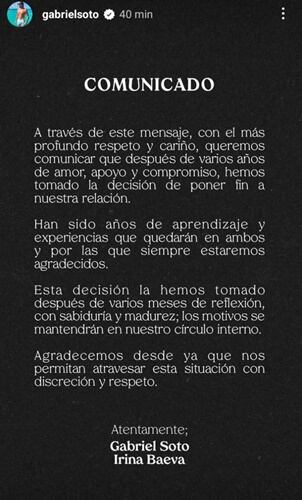Con este mensaje, el galán de televisión anunció su truene con Irina Baeva. Foto: Instagram.