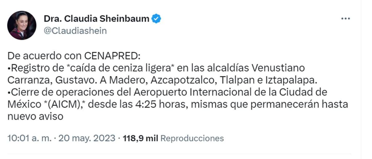 Sheibaum informa sobre la caída de ceniza volcánica. Foto: Twitter