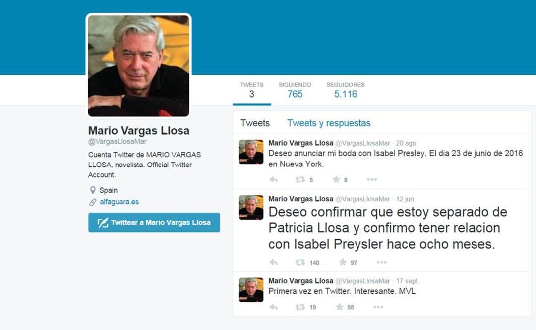 "No tengo cuenta de Twitter y nunca he tuiteado algo en ninguna otra cuenta de Twitter", dijo el Nobel de Literatura. Foto: Twitter