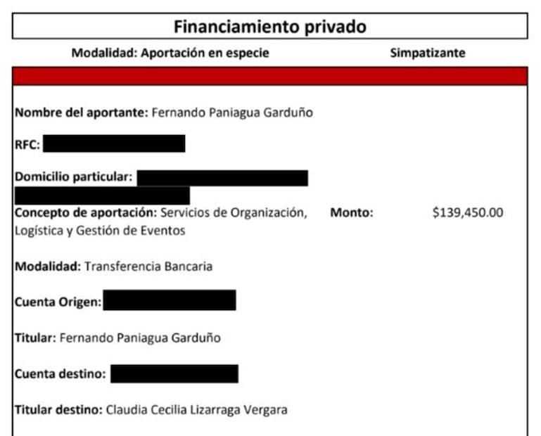 Documento de la aportación económica de Fernando Paniagua Garduño a la precampaña presidencial de Adán Augusto López Hernández.