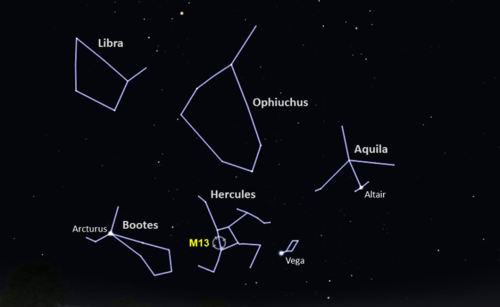 El cúmulo estelar M13 se encuentra ubicado en dirección a la constelación de Hércules. Foto: NASA / Stellarium