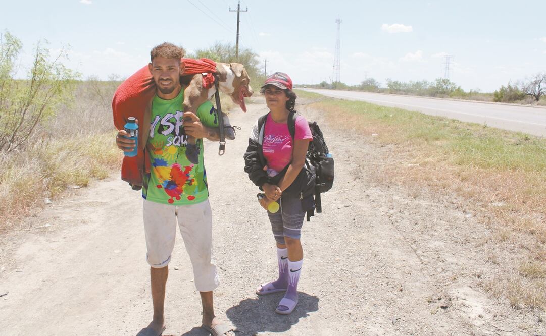 Eduardo y María llevan cinco días caminando desde Monclova. Cargan a Niño para que no se queme las patas por lo caliente del pavimento.