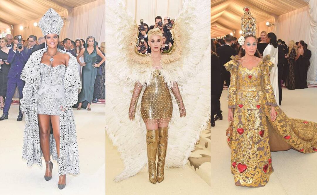 Además de su vestuario, Rihanna llegó en un vehículo parecido al papamóvil, en 2017 evocó al diablo pero ayer Katy Perry fue un ángel y Sarah Jessica portó en la cabeza una pieza sobre la Natividad (FOTOS: AGENCIAS)