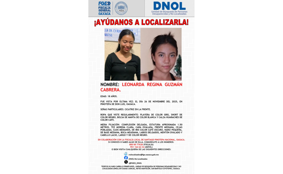 Buscan a Leonarda Guzmán de Pinotepa de Don Luis; Suman 10 menores desaparecidos en Oaxaca en el mes de noviembre.
Foto: Especial.