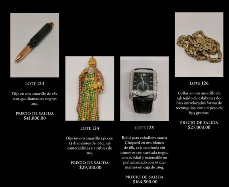 Pluma con diamantes y cachas de oro para pistola, detalles extravagantes de las joyas que subastarán en Los Pinos