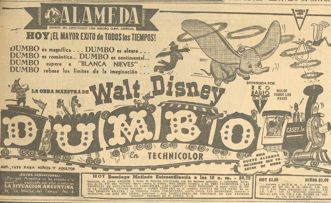 Cartel de "Dumbo" publicado en EL UNIVERSAL cuando la cinta se estrenó en México, en 1942. Foto: Hemeroteca EL UNIVERSAL 