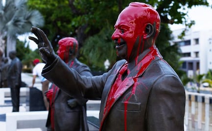 FOTOS: Lanzan pintura sobre estatuas de presidentes de EU en Puerto Rico tras insulto de “isla basura”; detienen a un responsable