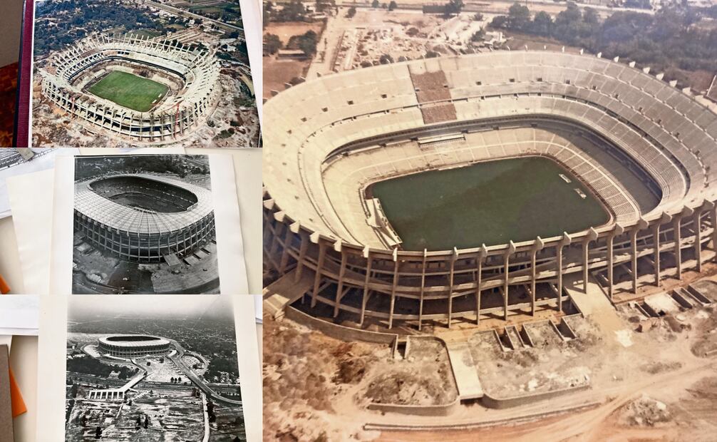 Diferentes etapas del proceso de construcción del Estadio Azteca, que fue diseñado por los arquitectos Pedro Ramírez Vázquez y Rafael Mijares. Fotos: Archivo Pedro Ramírez Vázquez