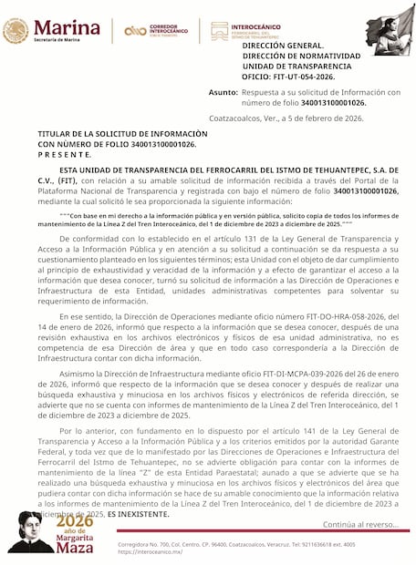 La empresa del Tren Interoceánico dio respuesta a una solicitud de información de EL UNIVERSAL