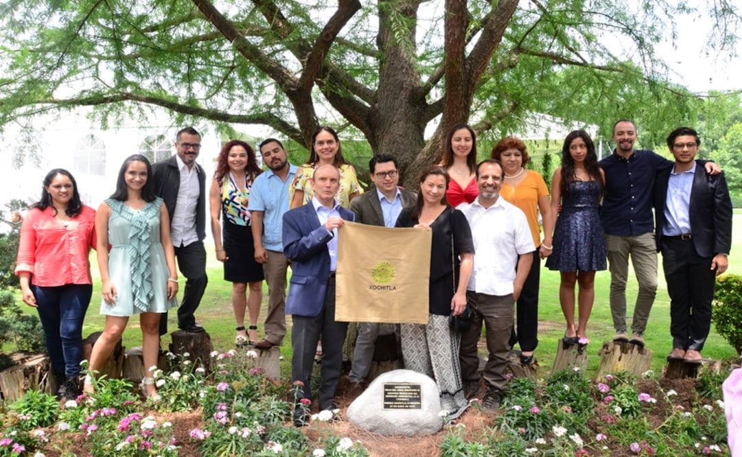 Members of Mexican Center for Environmental Law (CEMDA) pose in front of the Mexican cypress tree named after their organization - Photo: Courtesy of Xochitla Foundation