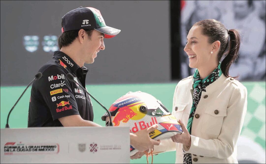 Checo Pérez con Claudia Sheinbaum en el Autódromo Hermanos Rodríguez - Foto: Diego Simón Sánchez / EL UNIVERSAL