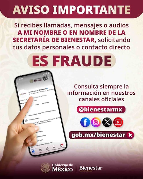 Ariadna Montiel alerta de fraudes telefónicos en nombre de la secretaria de Bienestar (15/04/2026). Foto: X 
Ariadna Montiel Reyes
@A_MontielR