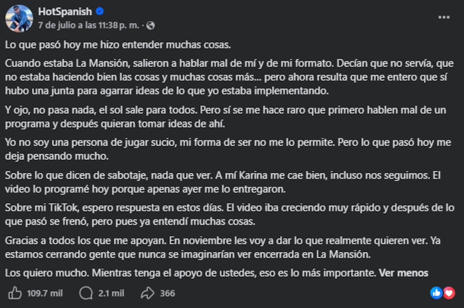 "Lo que pasó hoy me hizo entender muchas cosas", escribió el creador de contenido mexicano HotSpanish en redes. Foto: Captura de pantalla (Facebook).