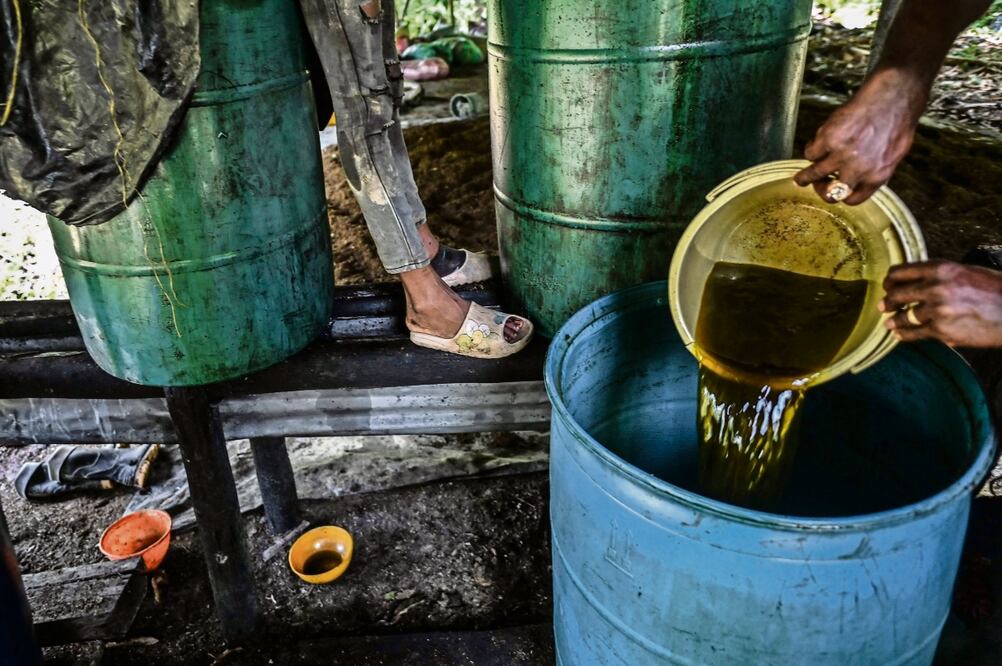 Un hombre, en un laboratorio de pasta de coca cerca del municipio de Olaya Herrera, departamento de Nariño, Colombia, el 12 de mayo pasado. Foto: Joaquin Sarmiento | AFP