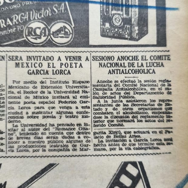 El Universal Gráfico anunció el 16 de abril de 1936: “Será invitado a venir a México el poeta García Lorca”. Hemeroteca El Universal.