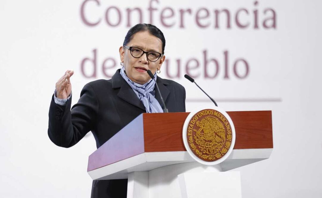 Rosa Icela Rodríguez, secretaria de Gobernación, encabeza la conferencia del pueblo en el salón Tesoreria de Palacio Nacional. Foto: Diego Simón / EL UNIVERSAL