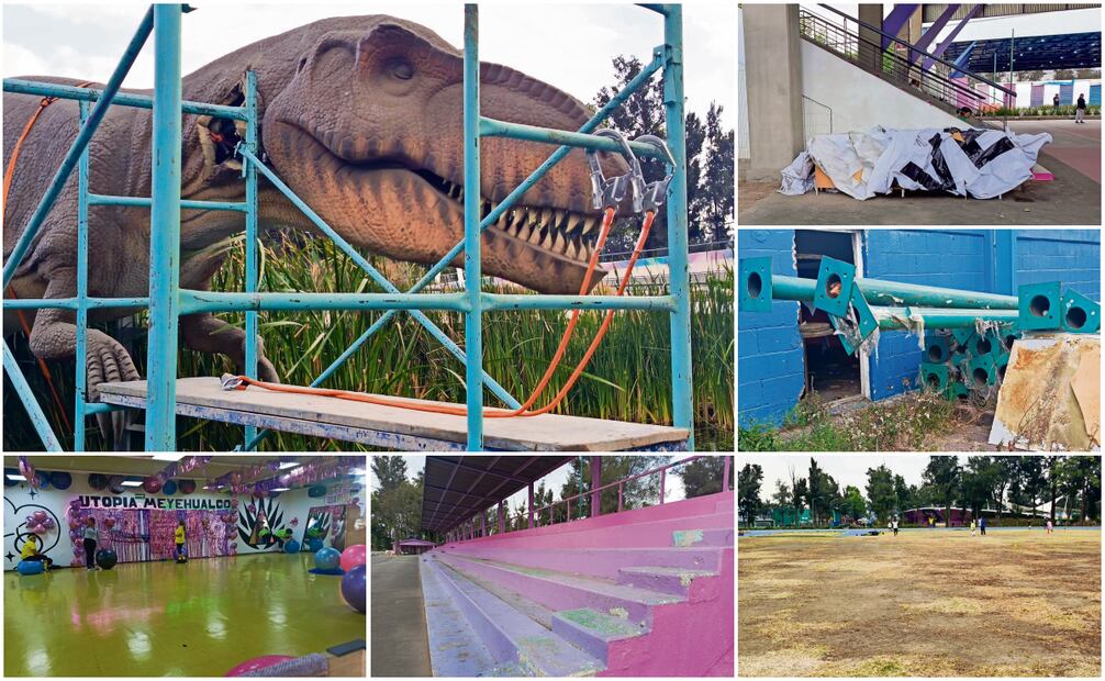 En Iztapasauria muchos animatrónicos están desgarrados, sucios y a la intemperie. En otras áreas deportivas hay escombro y áreas verdes secas, además, las bancas de concreto tienen un notable deterioro. Pese a las deficiencias del mantenimiento, es una de las principales ofertas recreativas para los habitantes de Iztapalapa. Fotos: Fernanda Rojas | El Universal