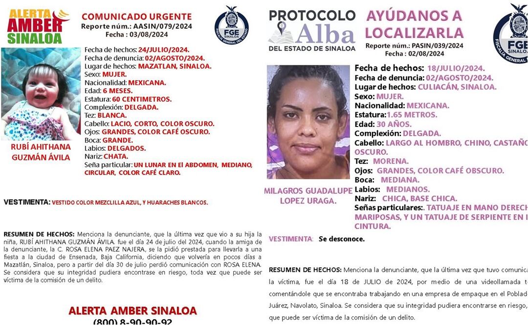Emiten alertas de búsqueda para Rubí Guzmán de 6 meses y Milagros López de 30 años. Foto: Especil