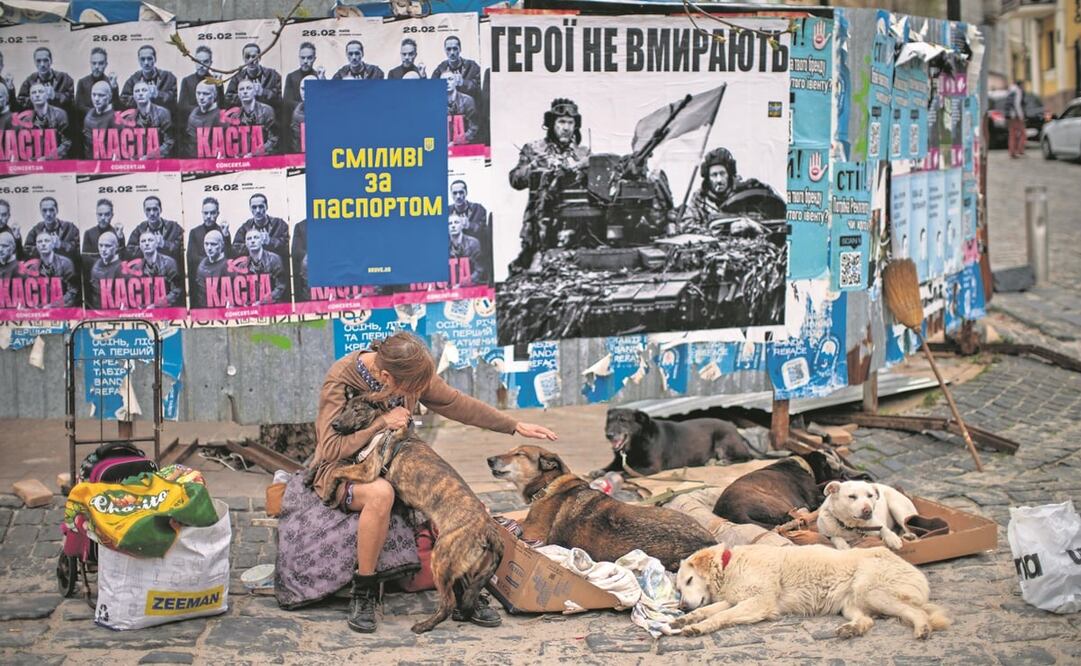 Una ucraniana pide en Kiev dinero para apoyar un centro donde atienden a perros que fueron abandonados por sus dueños, en medio de la guerra. Foto: Francisco Seco/ AP.