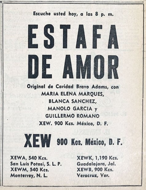 Anuncio de la radionovela “Estafa de Amor” para la XEW, en 1968. Foto: Hemeroteca EL UNIVERSAL