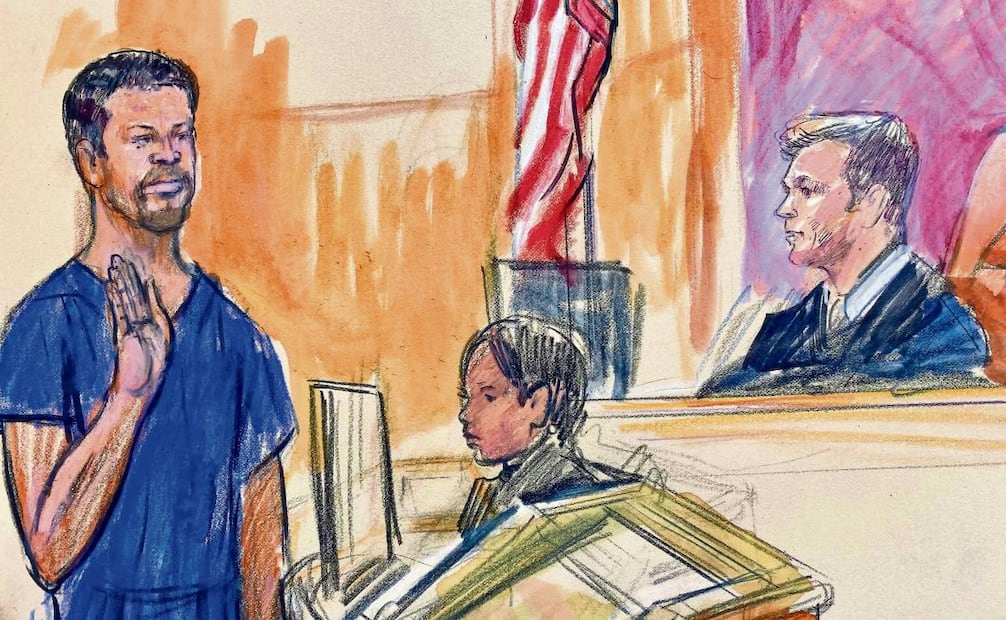 Boceto judicial que muestra a Cole Tomas Allen durante la comparecencia de ayer en Washington, DC. Foto: AP