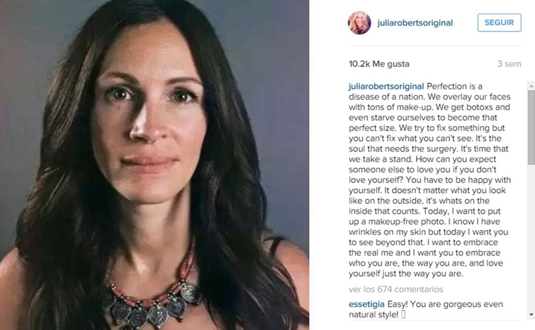 La actriz estadounidense subió dos fotografías a Instagram. En una escribió su discurso y otra, en blanco y negro, la tituló: "La perfección es una enfermedad de una nación" FOTO: Instagram Julia Roberts