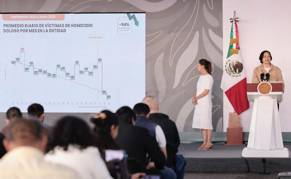 Marcela Figueroa, titular del Secretariado Ejecutivo del Sistema Nacional de Seguridad Pública (SESNSP) durante la conferencia de prensa de la presidenta Claudia Sheinbaum desde Morelos (24/07/2026). Foto: Presidencia