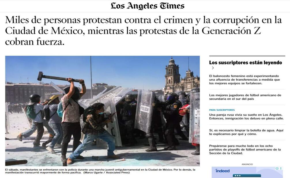 Cobertura del medio The Angeles Times sobre la marcha de la generación Z en México. Foto: Captura de pantalla