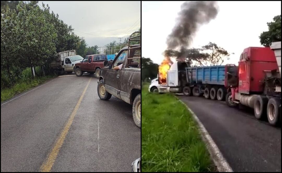 La organización delictiva que encabeza Nemesio Oseguera Cervantes incendió dos camiones de carga en Coalcomán. Fotos: Especiales