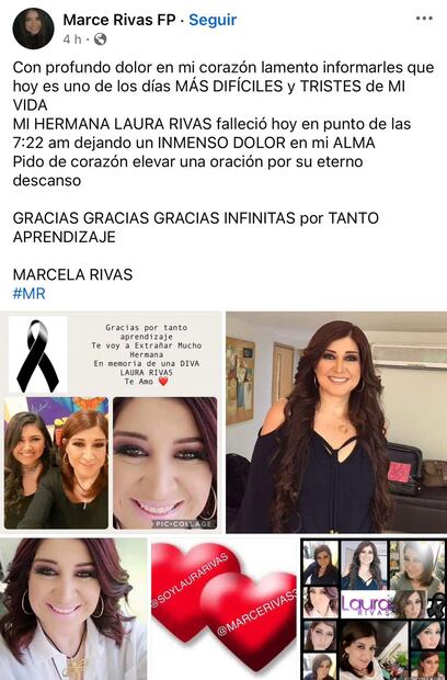 Marcela Rivas, hermana de Laura Rivas, también dio a conocer su fallecimiento. Foto: Captura de pantalla