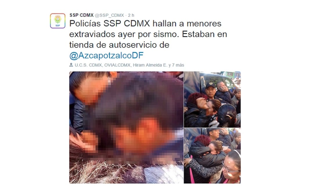 Today Mexico City Police Deparment informed on Twitter that the children were found hiding at a supermarket. (Photo: Taken from Twitter @SSP_CDMX) 
