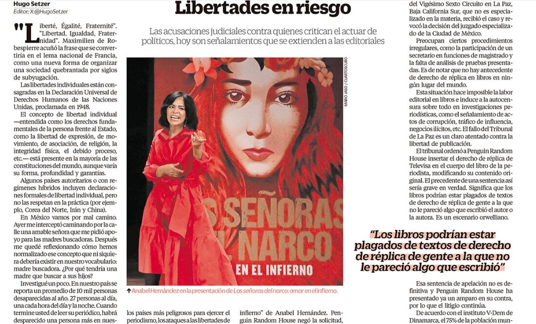 Captura del ensayo "Libertades en riesgo" de Hugo Setzer