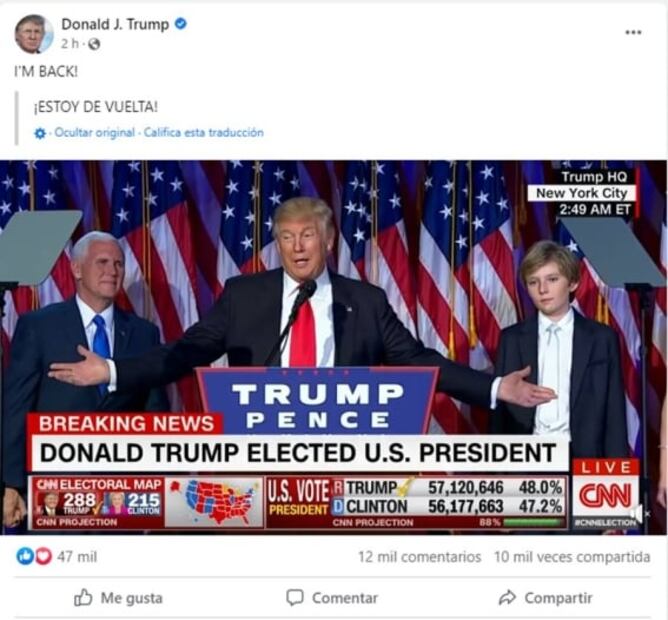 Donald Trump vuelve a Facebook; YouTube también levanta la medida de restricción