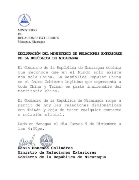 Nicaragua rompe "relaciones diplomáticas" con Taiwan