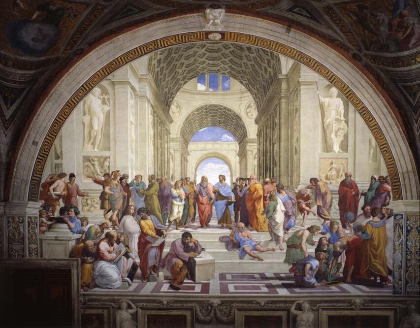 Pintura La escuela de Atenas de Rafael Sanzio, donde Platón y Aristóteles son figuras centrales/ Museos Vaticanos