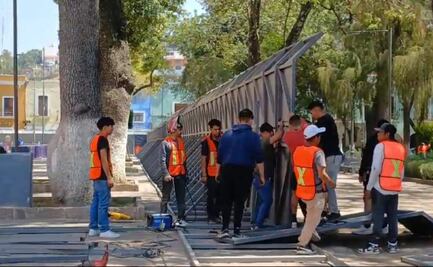 Con enormes murallas, Tlaxcala se prepara para marcha del 8M; cubren Palacio de gobierno y hasta las fuentes