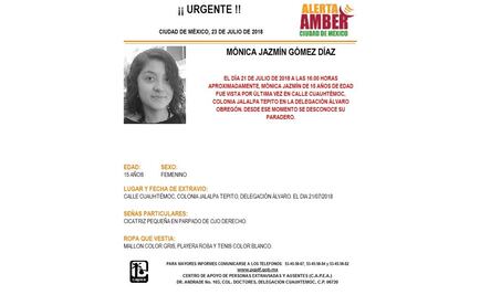 Alerta Amber. Buscan a Mónica Jazmín en la delegación Álvaro Obregón