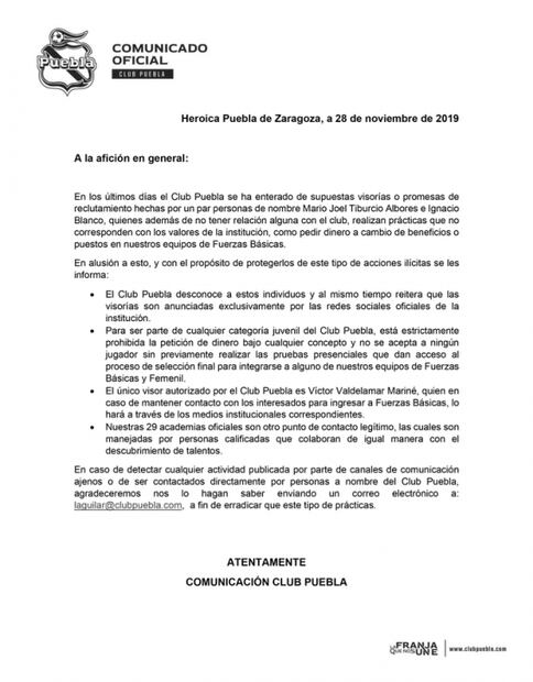 El Club Puebla alerta de estafa en "supuestas visorias"