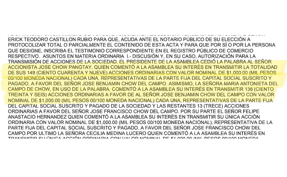 En 2018, se transmitieron 285 acciones de CAMSA a José Benjamín Chow del Campo. Foto: Captura de pantalla.