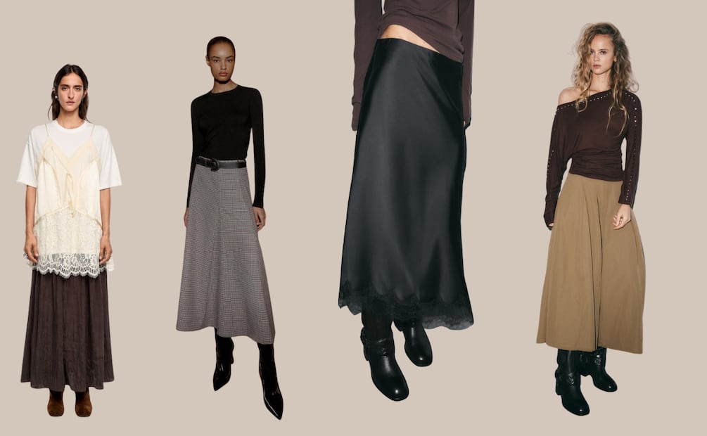 La falda que equilibra caderas y estiliza sin esfuerzo. Fotos: Bimba y Lola, Zara