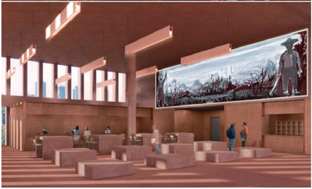 Render que muestra un boceto del mural de 77 metros cuadrados que podrá ser visto por el público en la sala de consultas. Foto: de Sedatu