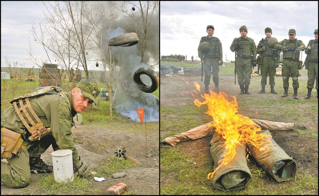 Rusos movilizados, durante un entrenamiento en un campo militar en la región de Rostov del Don, en el sur de Rusia. Fotos: Arkady Budnistsky/ EFE