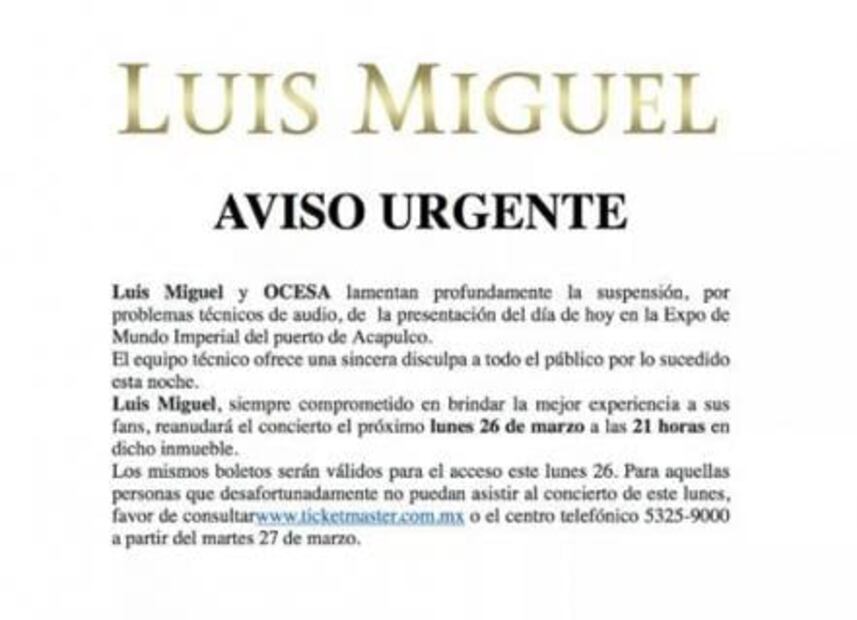 Luis Miguel cancela concierto en Acapulco
