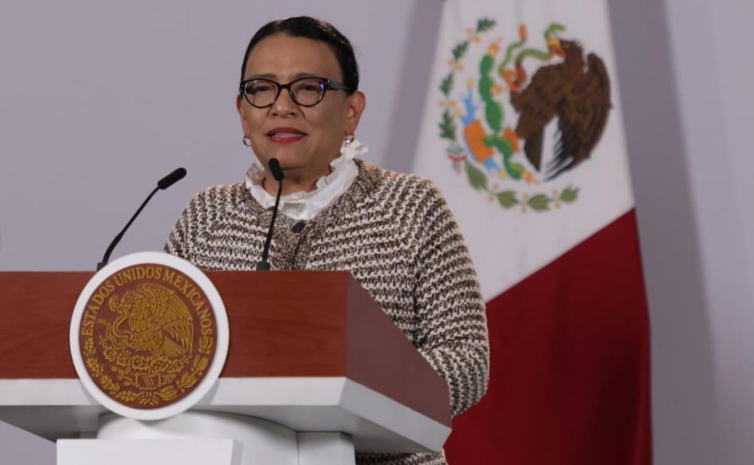Rosa Icela Rodríguez, titular de la Segob, en la “Mañanera del Pueblo” del 8 de septiembre del 2026 en Palacio Nacional. Foto: Carlos Mejía / EL UNIVERSAL