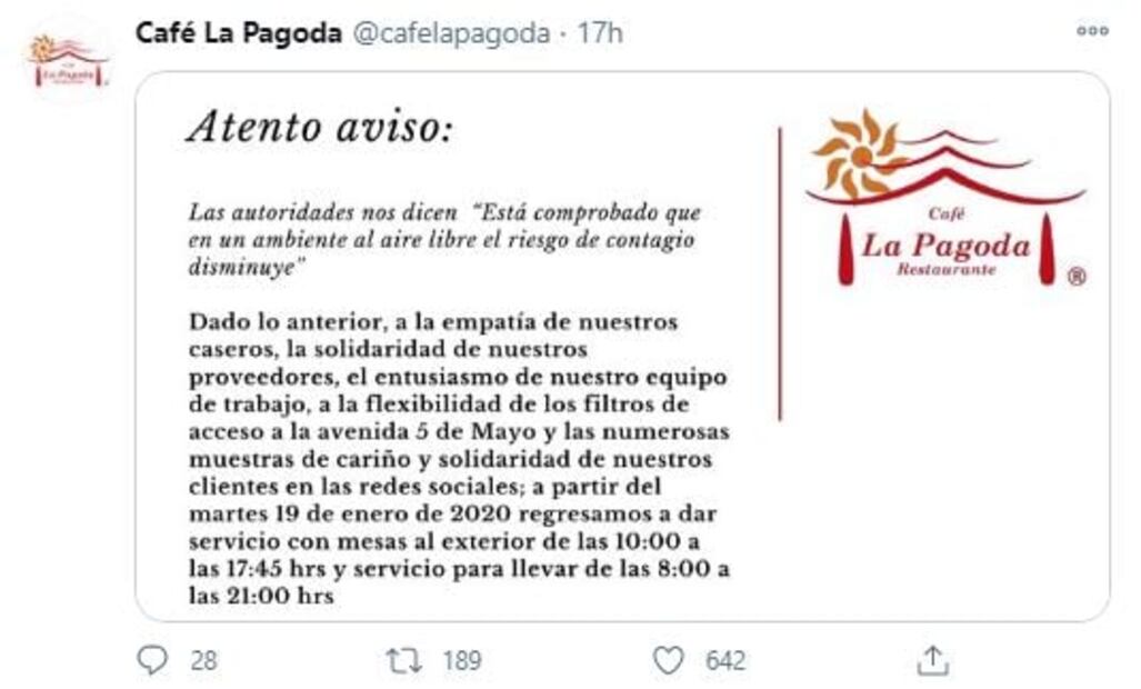 Café La Pagoda renueva operaciones al aire libre