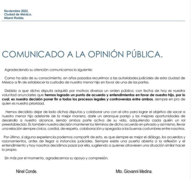 Ninel Conde y su ex Giovani Medina firman acuerdo de paz por el bien de su hijo