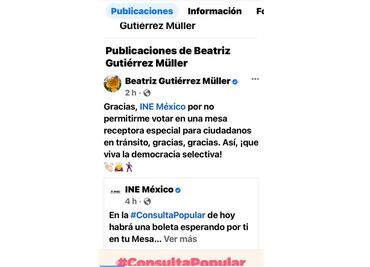 Beatriz Gutiérrez critica al INE por no poder votar en mesa “para ciudadanos en tránsito”
