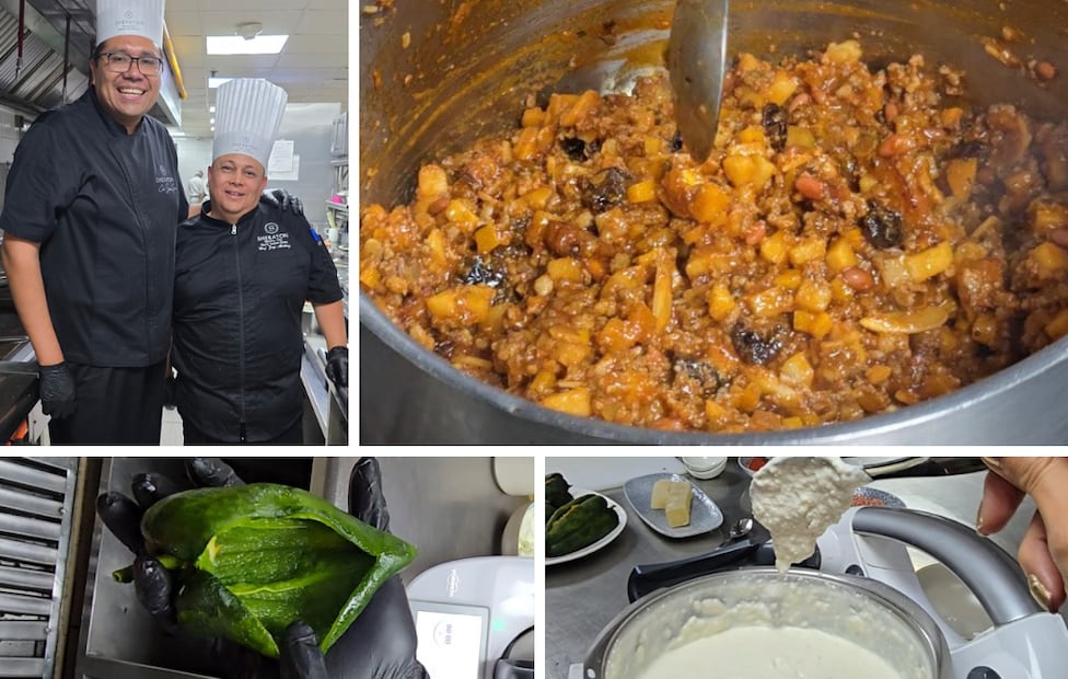 El chef ejecutivo Julio Gómez y el chef Jorge Martínez lideran la estandarización del paso a paso al cocinar, desde el escalfado del chile poblano y el relleno tradicional hasta su emplatado. Fotos: Marisol Toriz / EL UNIVERSAL.